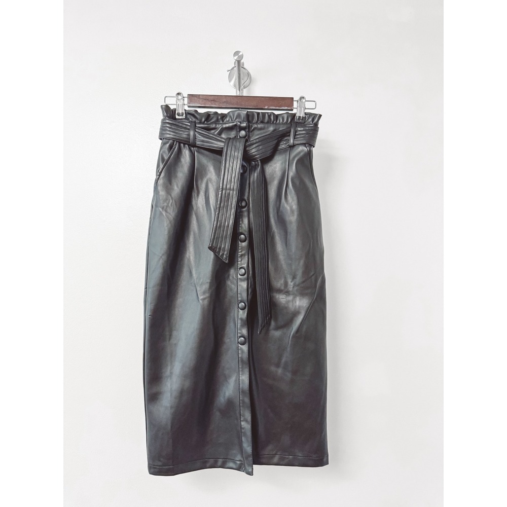 Skies Are Blue Faux Leather Paperbag Midi Skirt Black Button Front Belted XS